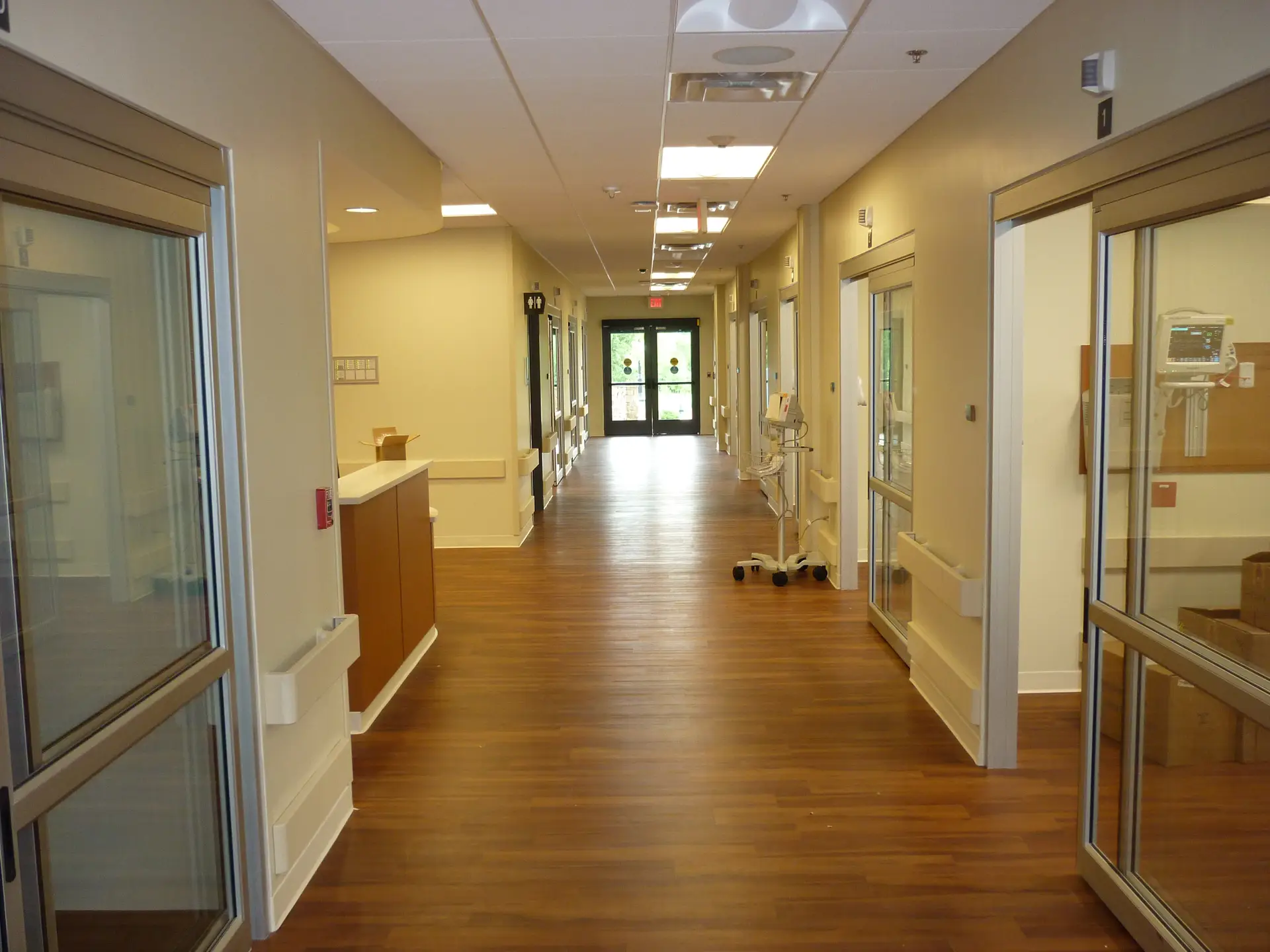 Medical office hallway with sliding doors