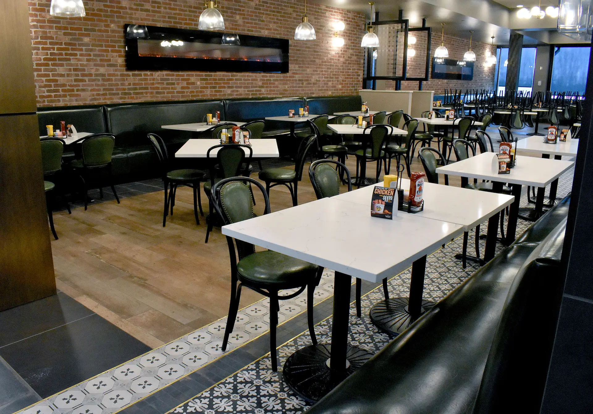 buffet restaurant interior with tables and booths