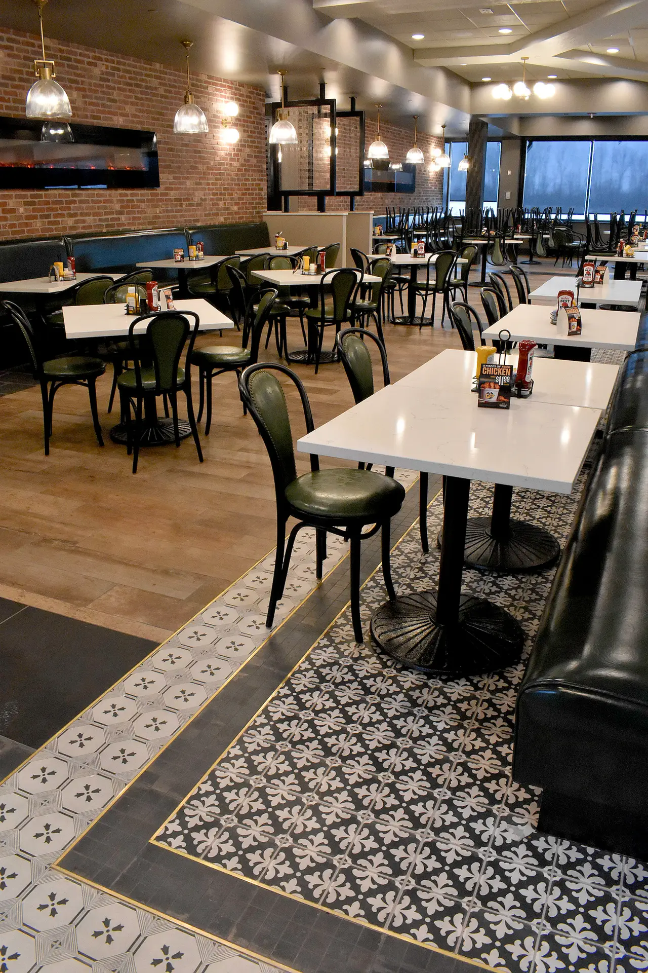 Buffet restaurant interior with tables and booths