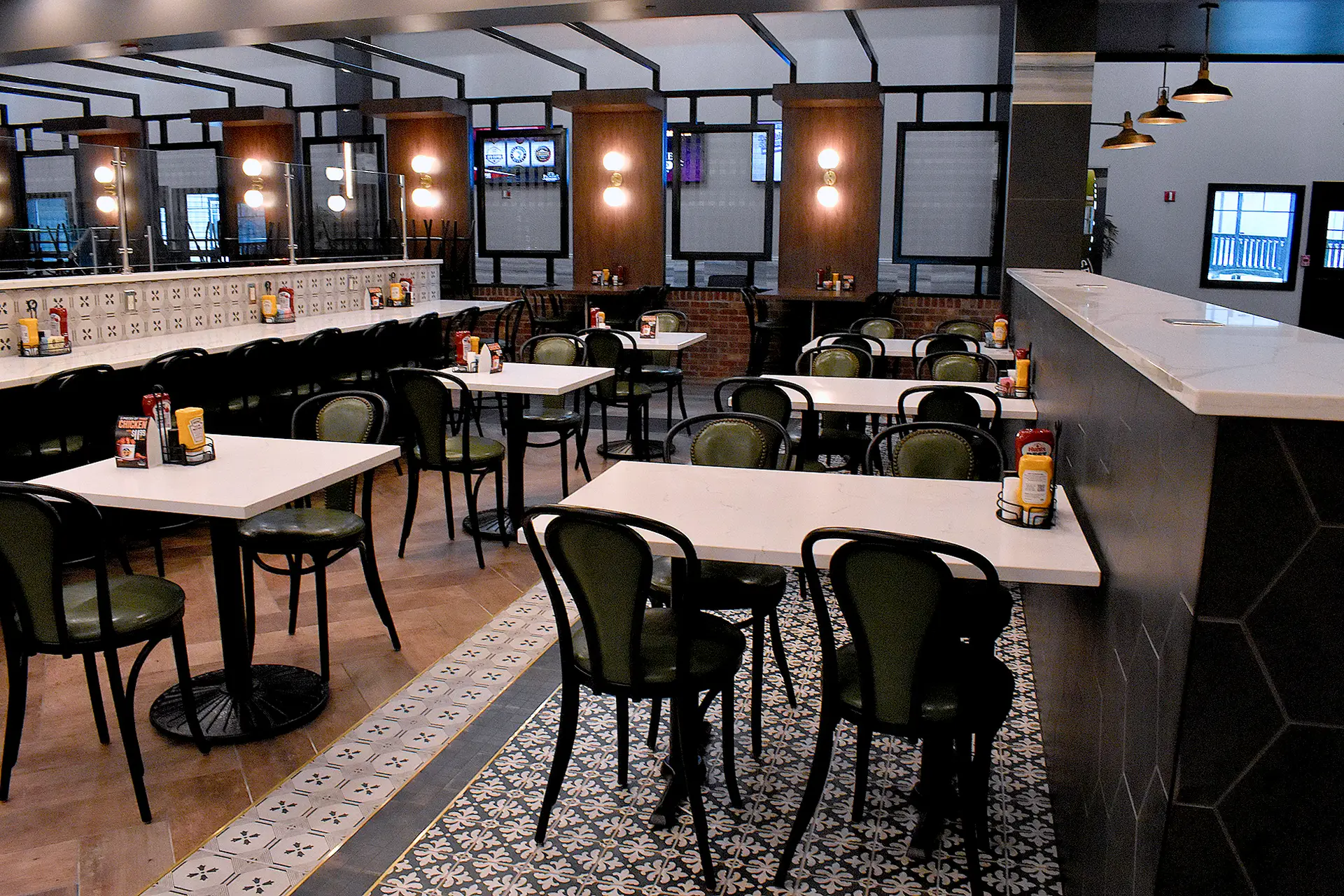 buffet restaurant interior with tables and counter